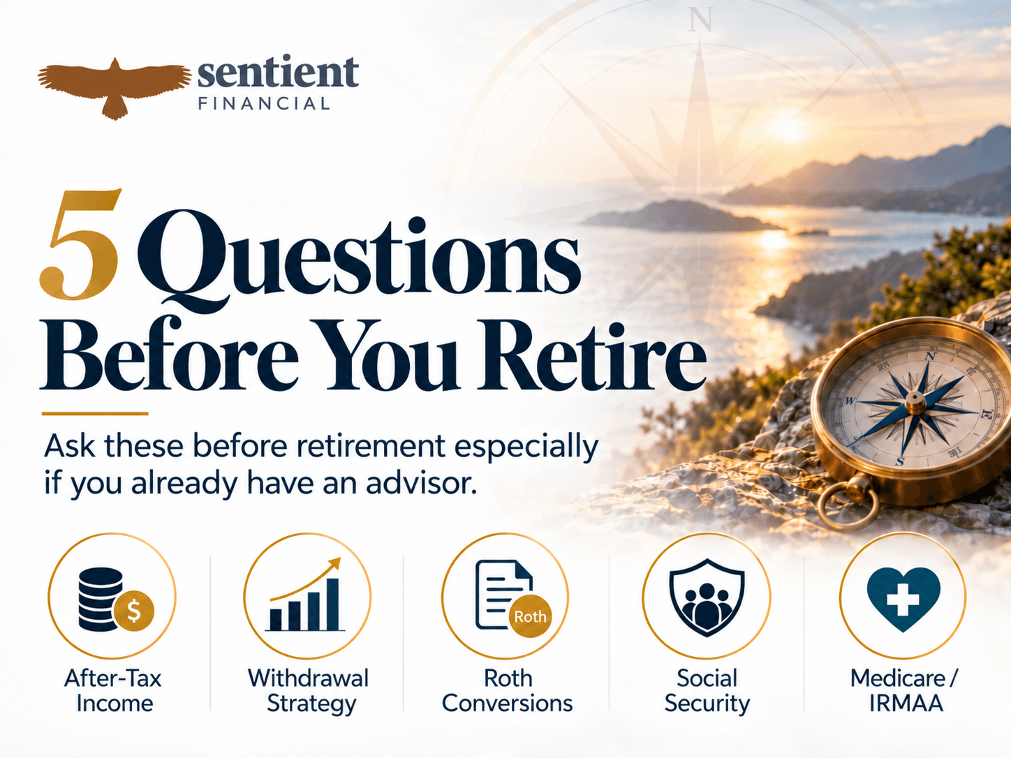 Sentient Financial graphic: 5 Questions Before You Retire, covering after-tax income, withdrawal strategy, Roth conversions, Social Security, and Medicare and IRMAA, beside a compass on a coastal cliff at sunrise.